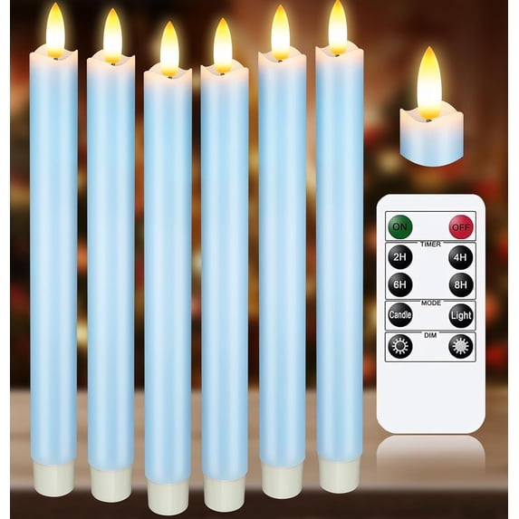 KSWING Upgraded Real Wax LED Flameless Light Blue Taper Candles with Remote, 6 PCS Candlesticks Battery Operated 3D Flickering - 9.6" Long Realistic Fake Candle Sticks for Home/Wedding/Xmas Decor
