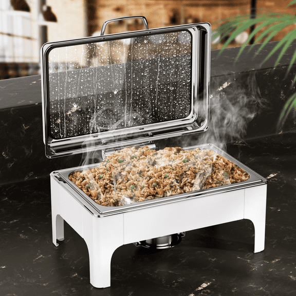 KScocina 9.5 Quart Square Chafing Dish for Buffet, Stainless Steel Buffet Warmer with Hydraulic Glass Lid, 304 Food Pan, White – Catering, Party & Events