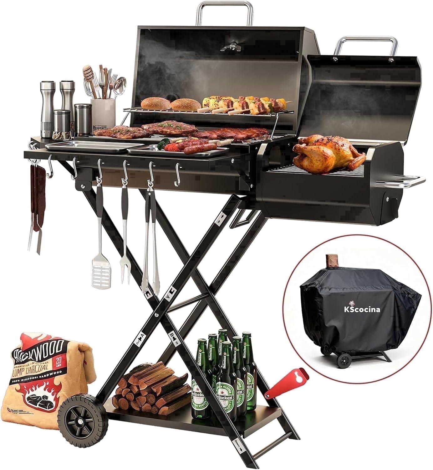 KScocina Barrel Charcoal Grill with Offset Smoker, 2-in-1 Foldable Suitcase BBQ Combo, 600 sq. in. with Waterproof Cover, for Outdoor Grilling and Backyard Cooking, Black