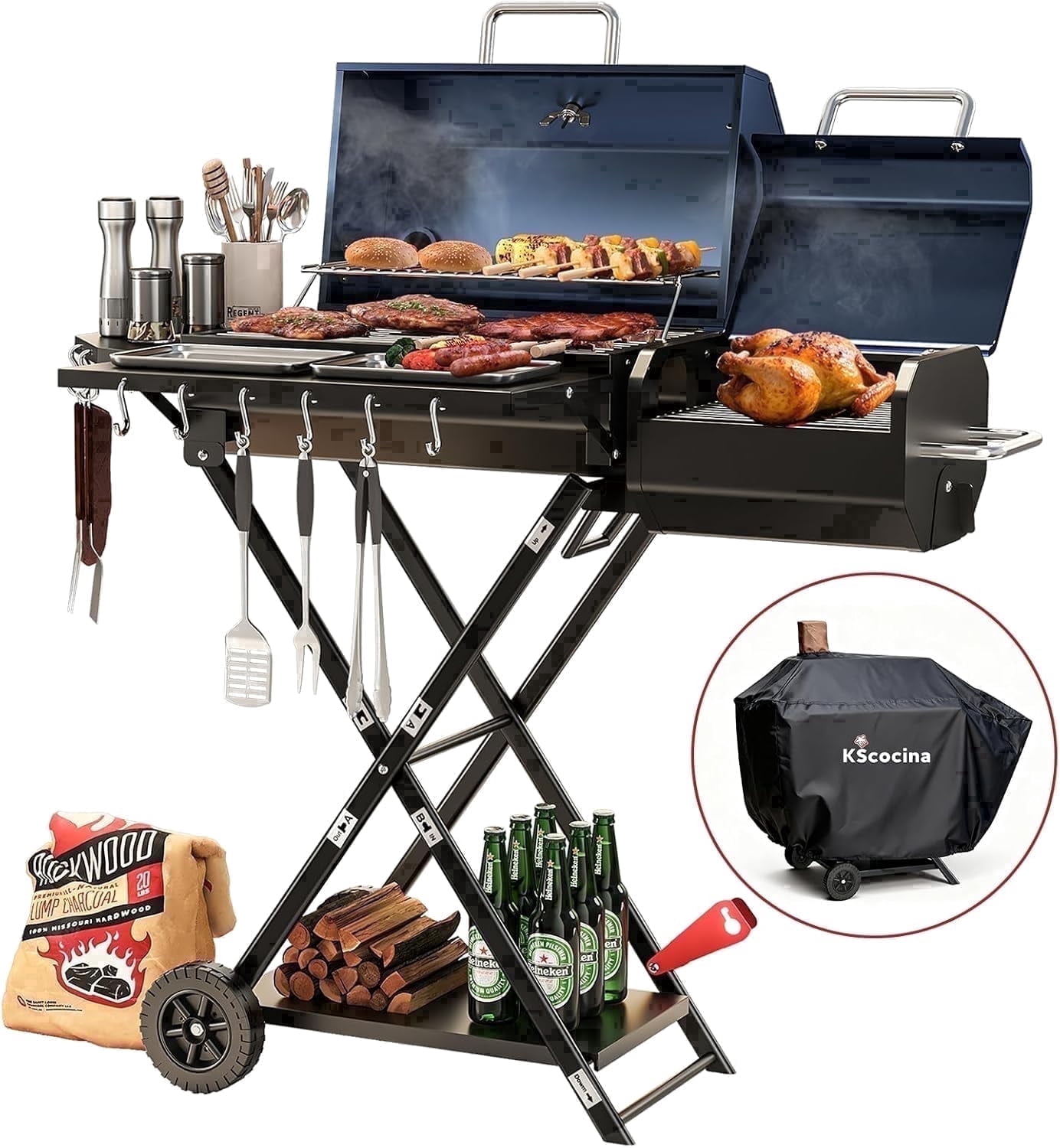 KScocina Barrel Charcoal Grill with Offset Smoker, 2-in-1 Foldable Suitcase BBQ Combo, 600 sq. in. with Waterproof Cover, for Outdoor Grilling and Backyard Cooking,Blue
