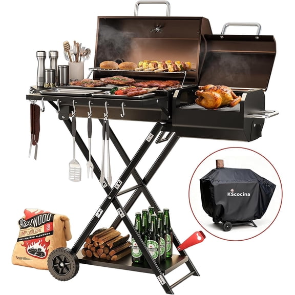 KScocina Portable Charcoal Grill with Smoker, Foldable Suitcase BBQ Grill with Wheels, Multi-Tier Storage Rack & Waterproof Cover, Brown  Outdoor BBQ & Camping
