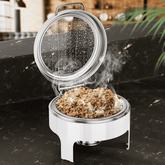 KScocina Round Chafing Dish for Buffet 6 Quart, Stainless Steel Buffet Warmer with Hydraulic Transparent Glass Lid, 304 Food Pan, White Chafing Dish for Catering, Wedding, Party & Event