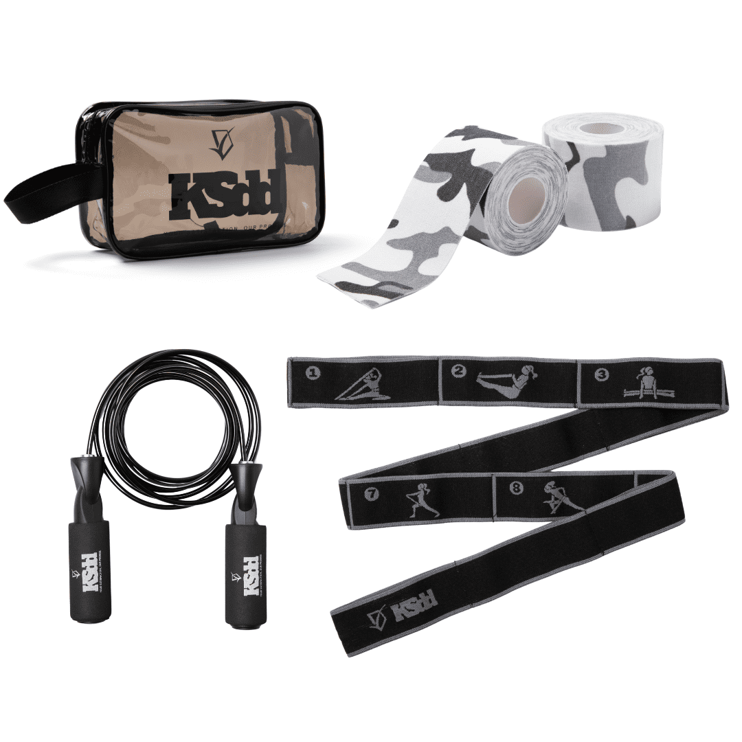 KSdd Fitness Kit - Fabric Resistance Band, Kinesiology Tape (2 Rolls), Jump Rope, and Carrying Bag