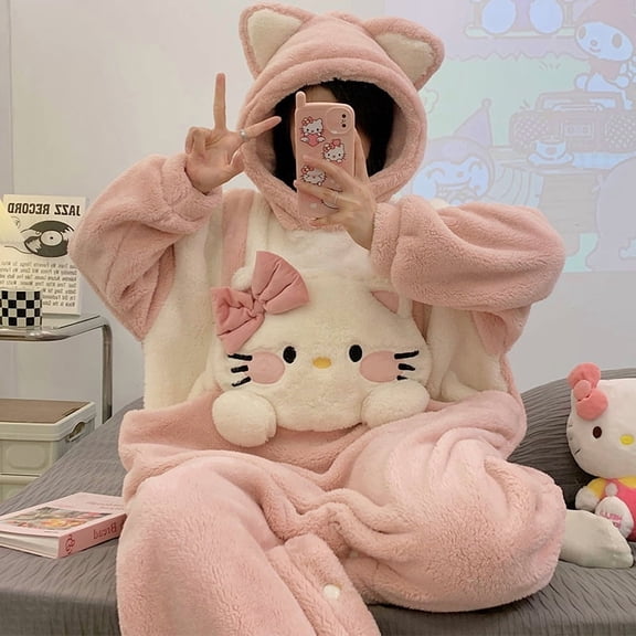 KT Cartoon Coral Fleece One-piece Pajamas Women Autumn and Winter Thickened and Fleece-lined Warm and Comfortable Homewear, Suitable for Wearing Outdoors