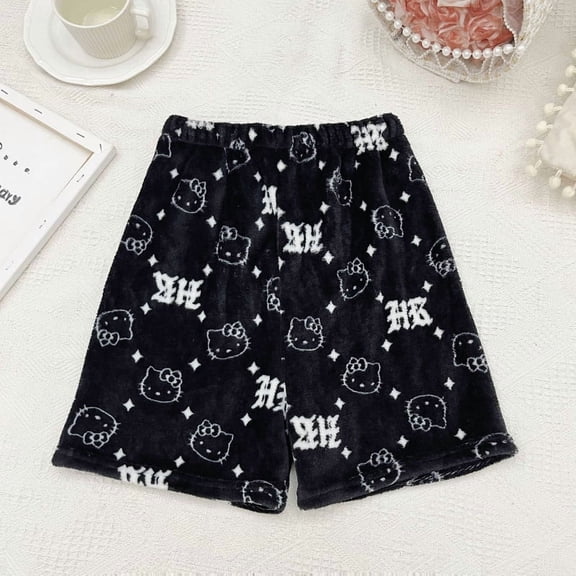 KT Cat Casual Flannel Sports Shorts  Cartoon KT Cat  Women's Elastic-waisted Pajama Pants Wide Leg Shorts KT Cat Hot Pants