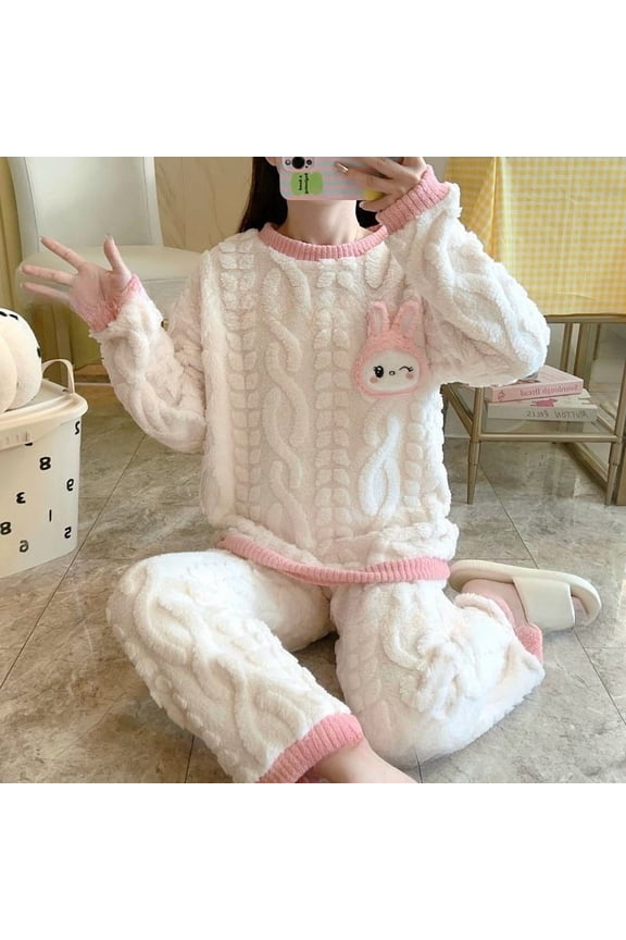 KT Cat Cinnamoroll Kuromi Coral Fleece Pajama 2-piece Set (Long-sleeved Top + Long Pants) Women Winter Fleece Thickened Warm Homewear