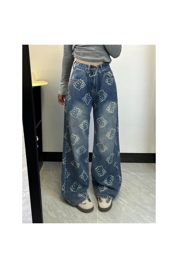 KT Cat Women Jeans  Spring Printed Washed Loose Fit Slimming Floor-Length Pants