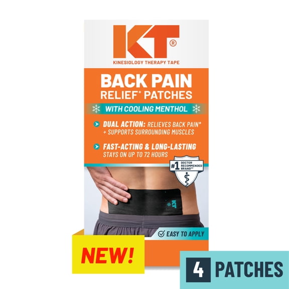 KT Tape, Back Pain Relief Patches, Extra Large 4"x10", Menthol Infused Kinesiology Tape, Cooling Pain Therapy, Everyday Long-Lasting Relief, 4 Count