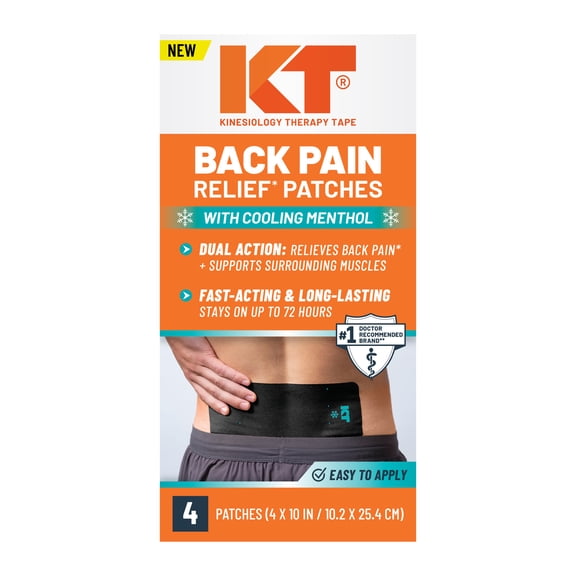 KT Tape Back Pain Relief Patches, Extra Large Menthol Infused, 4"x10", Kinesiology Tape for Cooling Pain Therapy, 4 Count