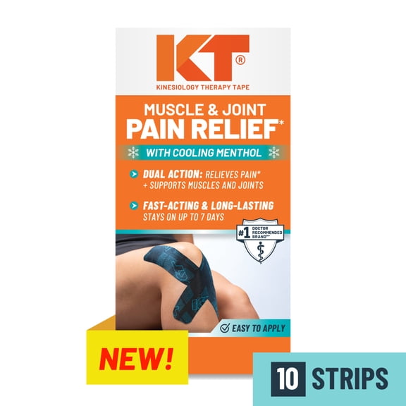 KT Tape, Muscle and Joint Support, Every Day Pain Relief, Menthol Infused Kinesiology Tape, Precut Strips, Easy Application, Long-Lasting & Hypoallergenic Adhesive, 10 Count