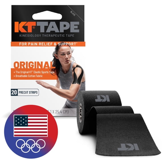 KT Tape Original Cotton Kinesiology Tape, Black, 20 Precut Strips