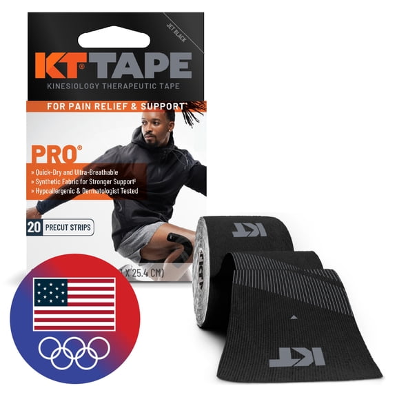KT Tape Pro Ultra-Breathable Synthetic Kinesiology Tape, Jet Black, 20 Precut Strips