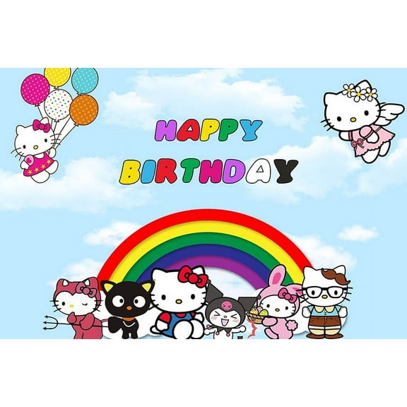 KT cat Birthday Backdrop for Party, Birthday Decoration Banner with Good Wrinkle Resistance,5 x 3Ft Birthday Party Supplies as Photography Background for Kids