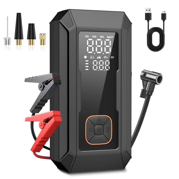 KT1  Car Jump Starter with Air Compressor, 150 PSI, 15000MAH Power Bank, 4000A Jump Starter, Fast Inflation for Car Tires, Bikes, SUV, Trucks & More - Portable Air Compressor with LED Light