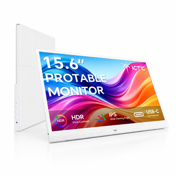 KTC Portable Monitor 15.6 Inch, 1080P FHD USB-C HDMI Laptop Screen for Laptop Phone Mac PS5 Xbox Switch, IPS HDR Travel Second Screen Monitor Extender with Speakers, White, H15F8