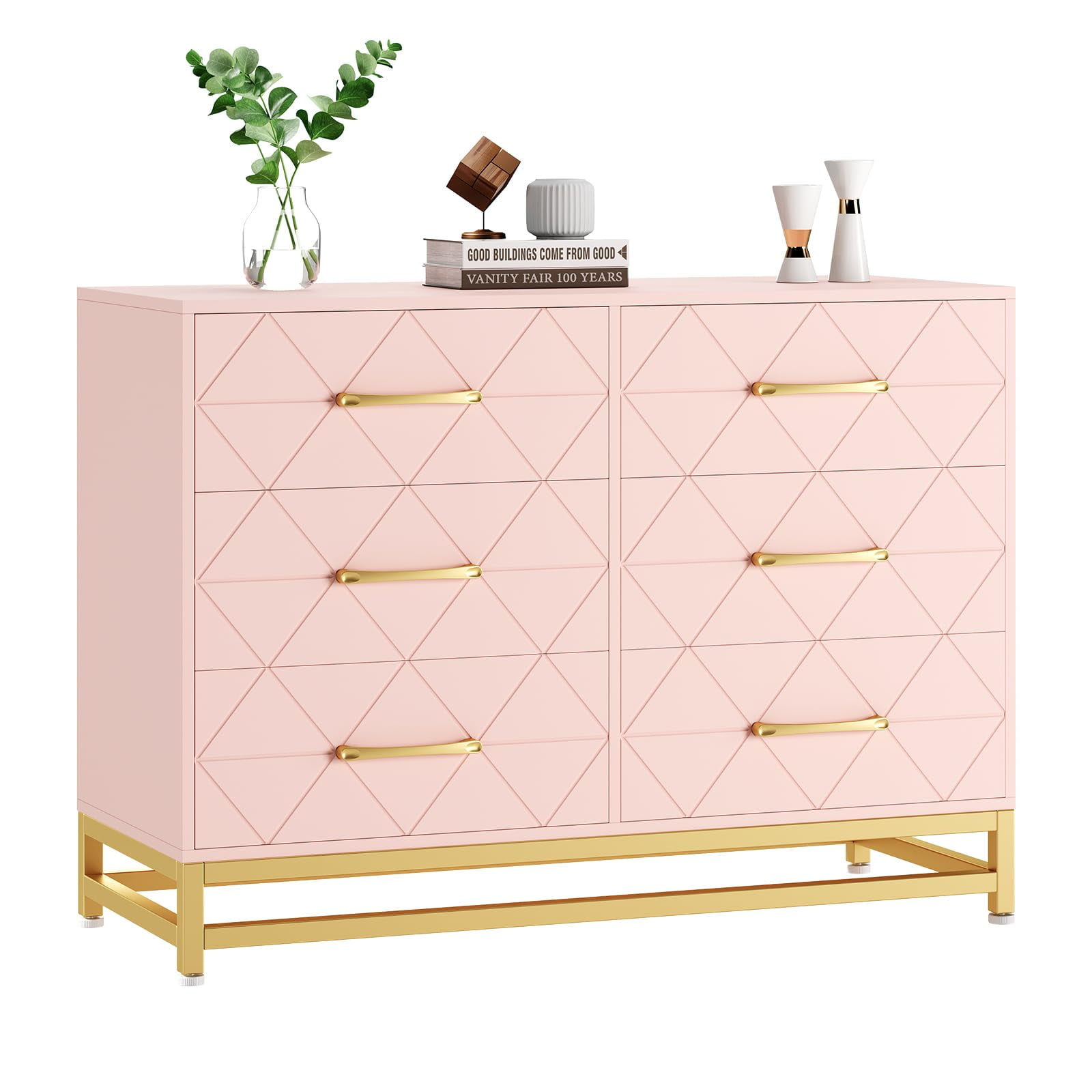 Pink 6-Drawer Modern Dresser with Gold Metal Base