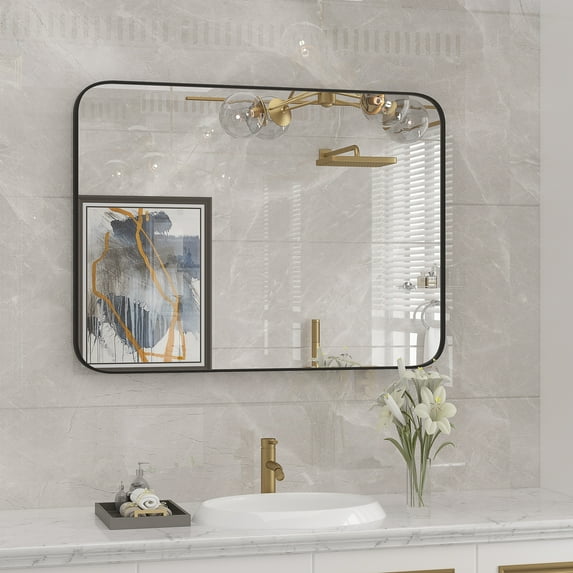 KTENME Bathroom Mirror, Large Size Stylish Wall-Mounted Rectangular Bathroom Vanity Mirror with Black Metal Frame - Explosion-Proof, Moisture-Resistant