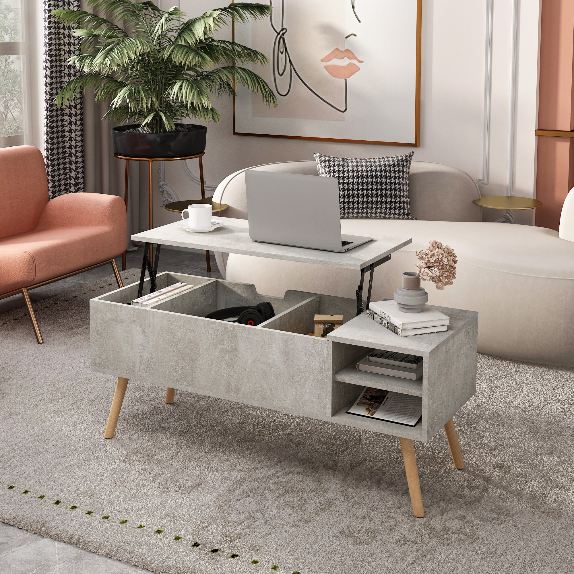 KTENME Coffee Table With Wood Legs Hidden Compartment Dining Table