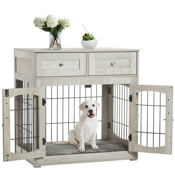KTENME Dog Crate Furniture with Cushion,Wooden Dog Crate Table with 2 Drawers,3-Doors Dog Furniture,Indoor Dog Kennel,Dog House,Dog Cage,Side End Table