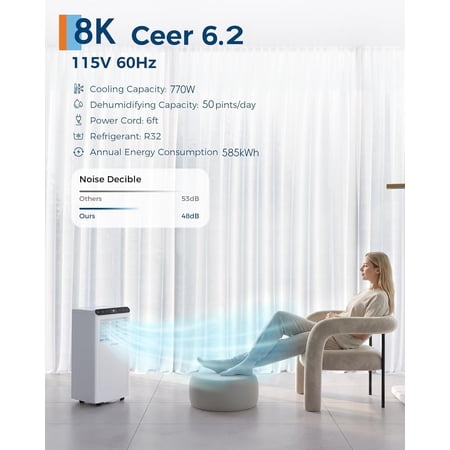KTENME Efficient Home Comfort – 8000 BTU Portable Air Conditioner, 3-in-1 AC with Cool, Fan & Dehumidifier Modes, Quiet 48dB, Up to 550 Sq.Ft Coverage, Remote, LCD Display, 24H Timer