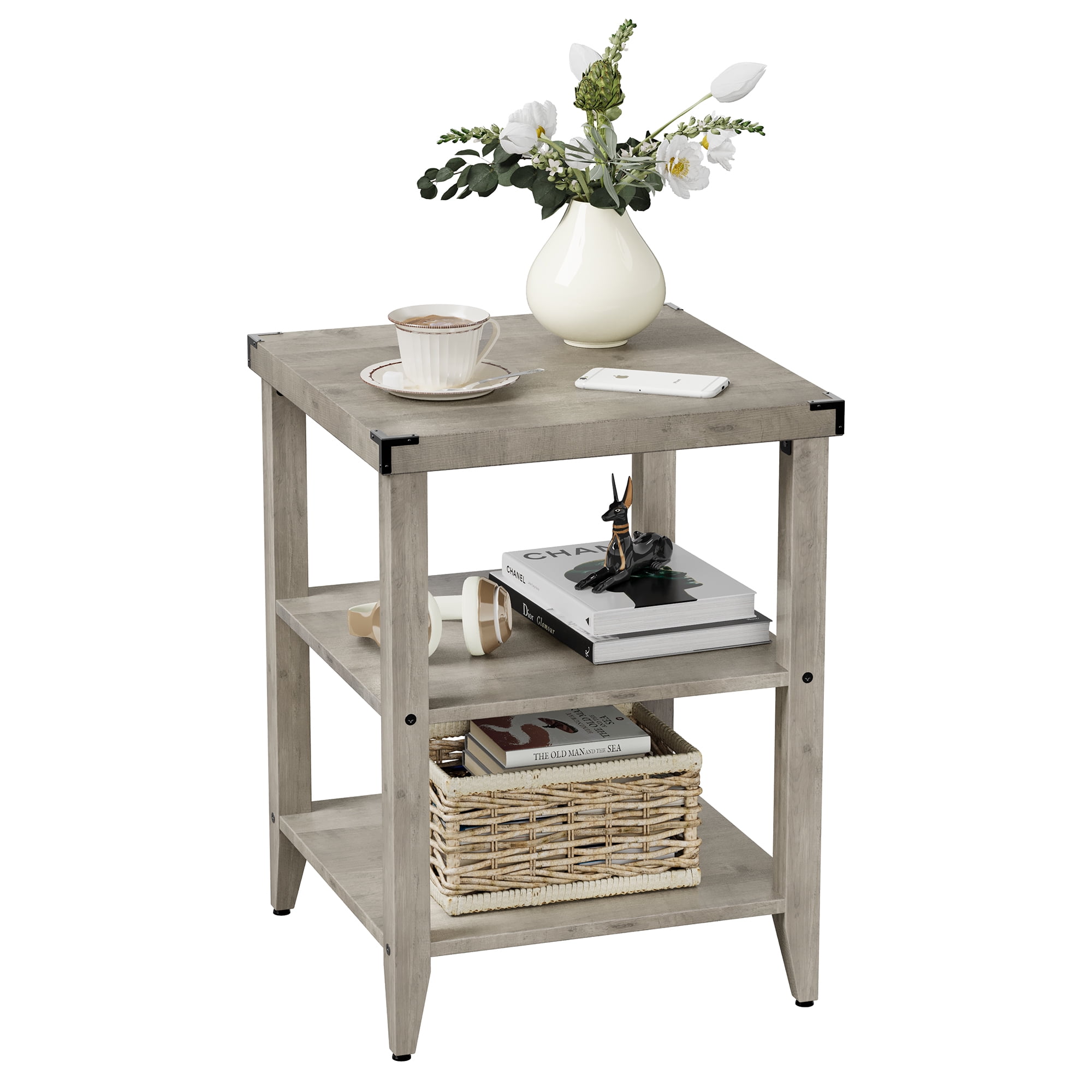 KTENME Farmhouse End Table Rustic Side Table with Storage Shelf for ...