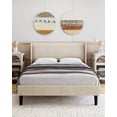 thumbnail image 1 of KTENME King Size Bed Frame with 2 Storage Pockets, Upholstered Velvet Platform Bed with Wingback Headboard, Strong Wooden Slat Support, Easy Assembly, Box Spring Optional, Beige, 1 of 8