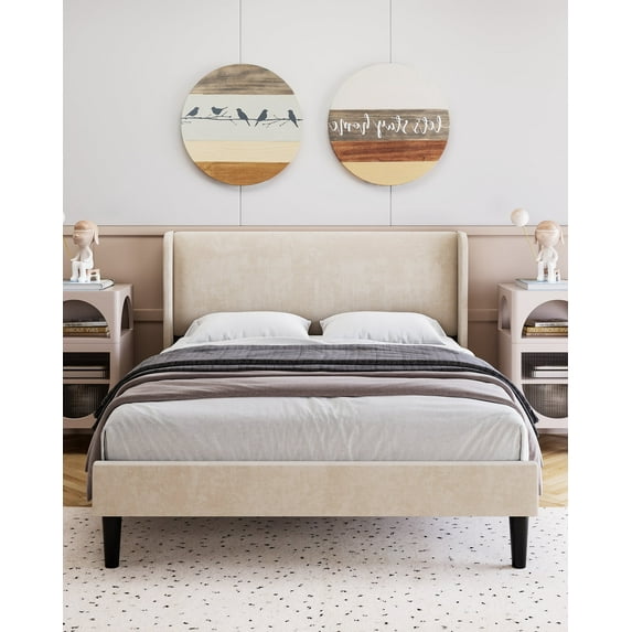 KTENME King Size Bed Frame with 2 Storage Pockets, Upholstered Velvet Platform Bed with Wingback Headboard, Strong Wooden Slat Support, Easy Assembly, Box Spring Optional, Beige