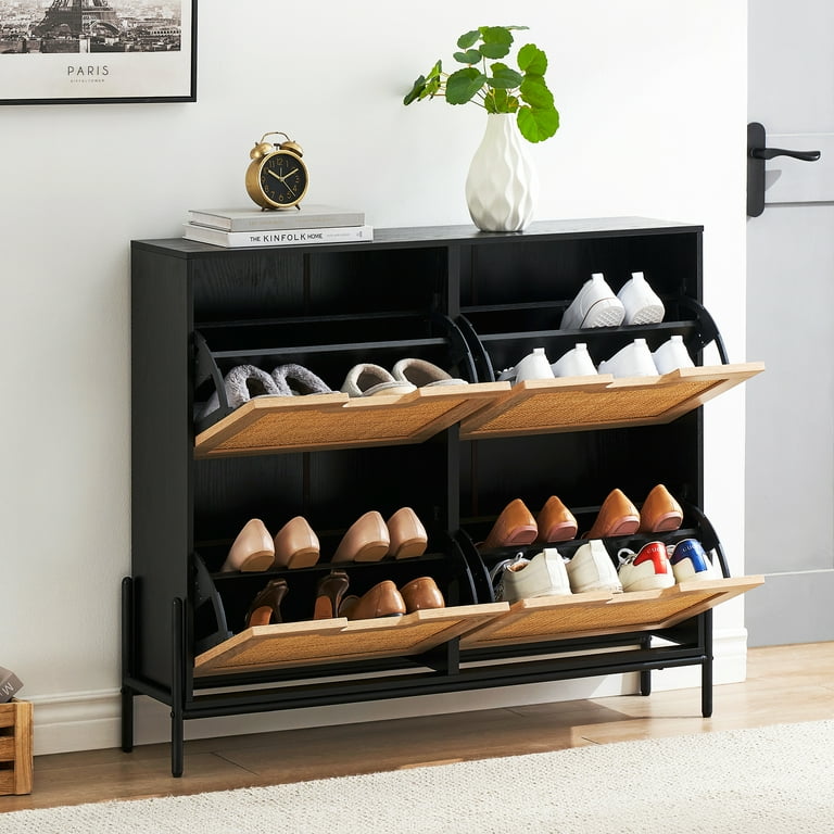KTENME Natural Rattan 4 Flip Door Shoe Cabinet Organizer Freestanding Wooden Shoe Rack Storage Cabinet with 3 Tier Adjustable Shelves for Heels
