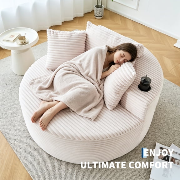KTENME Oversized 55" Corduroy Round Chaise Lounge Chair - Deep Upholstered Circle Sofa with Cup Holders - Comfy Sleeper for Living Room or Bedroom - No Assembly - Corduroy | Beige
