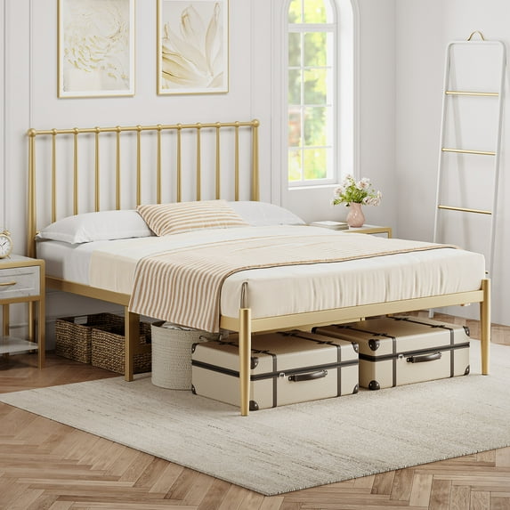 KTENME Queen Bed Frame Metal Platform Bed with Headboard, 14 Inches Metal Mattress Foundation for Storage, No Box Spring Needed, Easy Assembly, Gold
