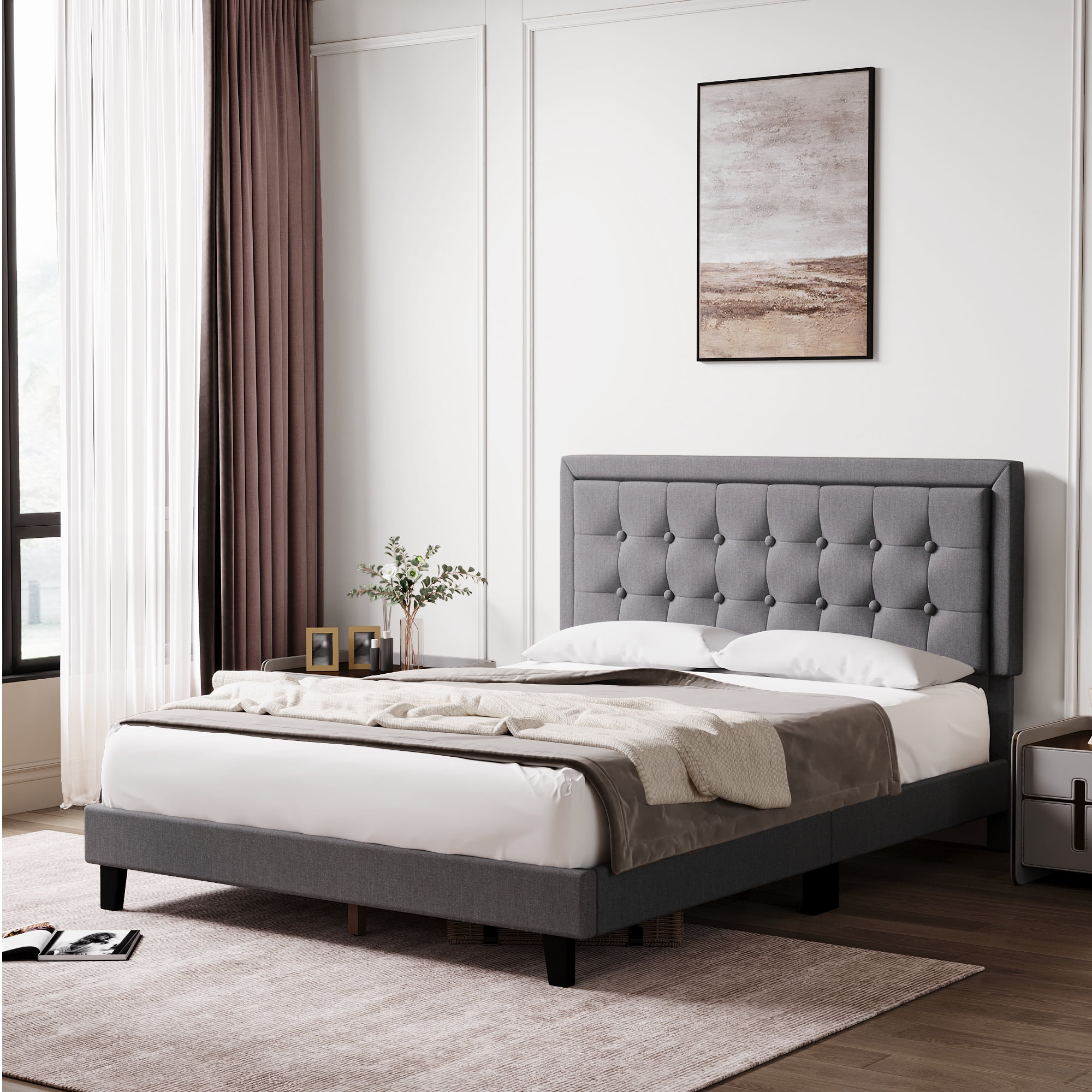 KTENME Queen Size Upholstered Bed Frame, Button Tufted Velvet Platform ...