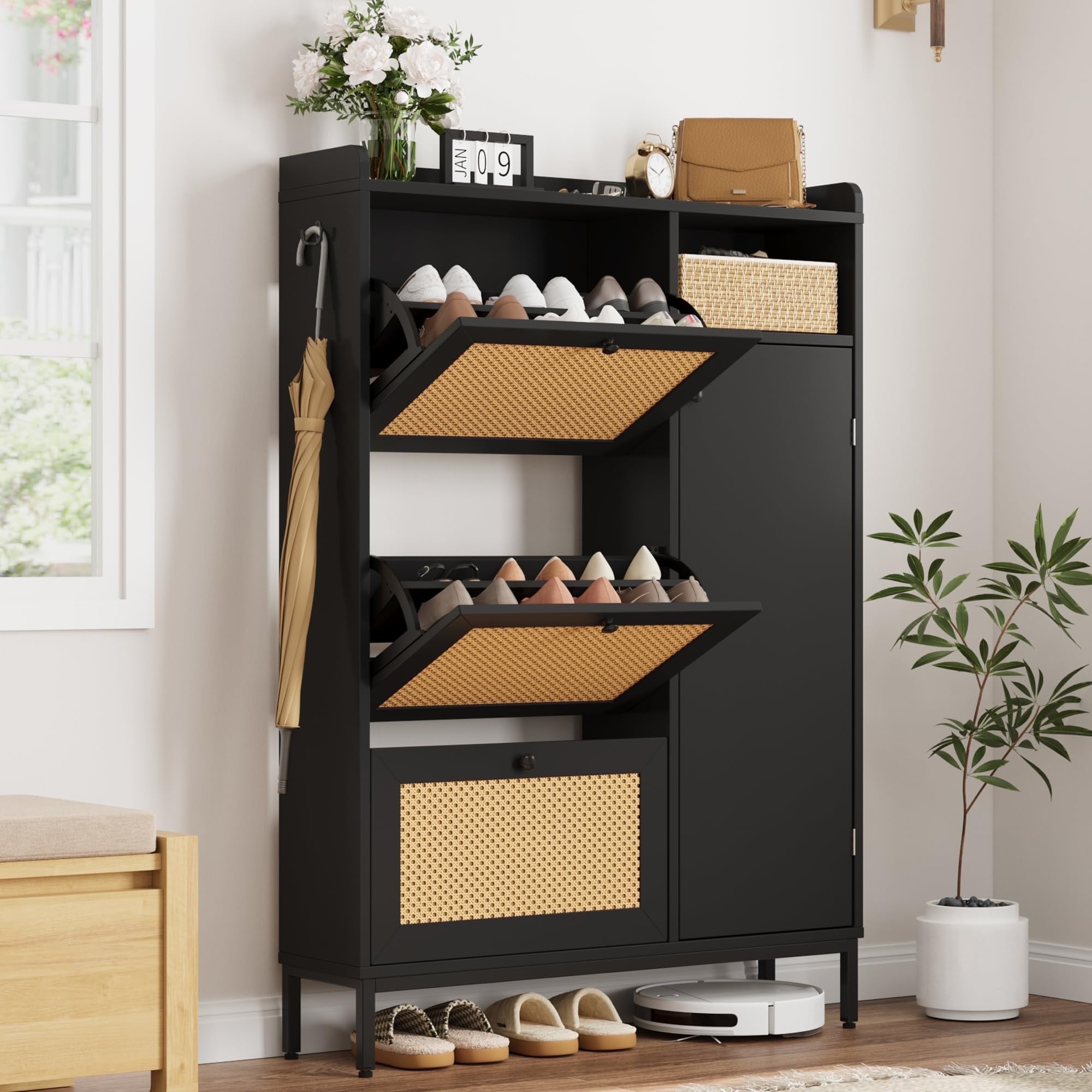 Black and Rattan Freestanding Shoe Cabinet with Adjustable Shelves