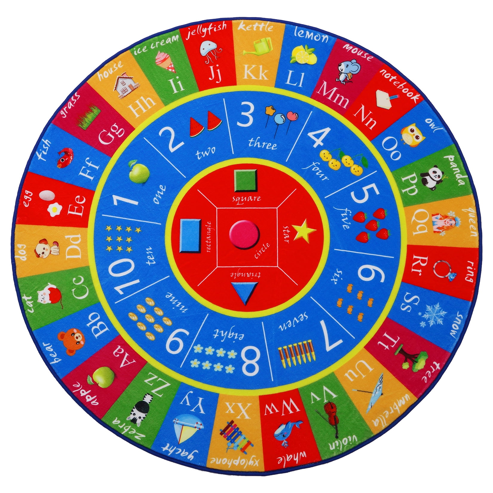 KTENME Round Kids Play Rug 4ft ABC Alphabet Numbers Shapes Learning ...