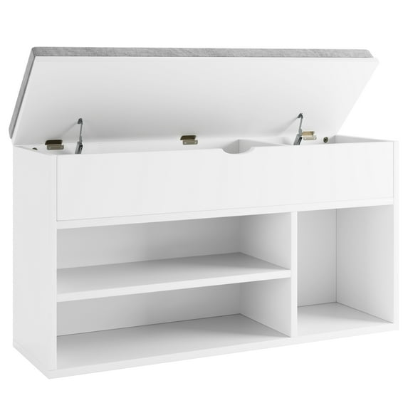 KTENME Storage Bench with Comfortable Padded Cushion Seat with 2-Tier Shoe Storage Organizer for Entryway and Living Room in White