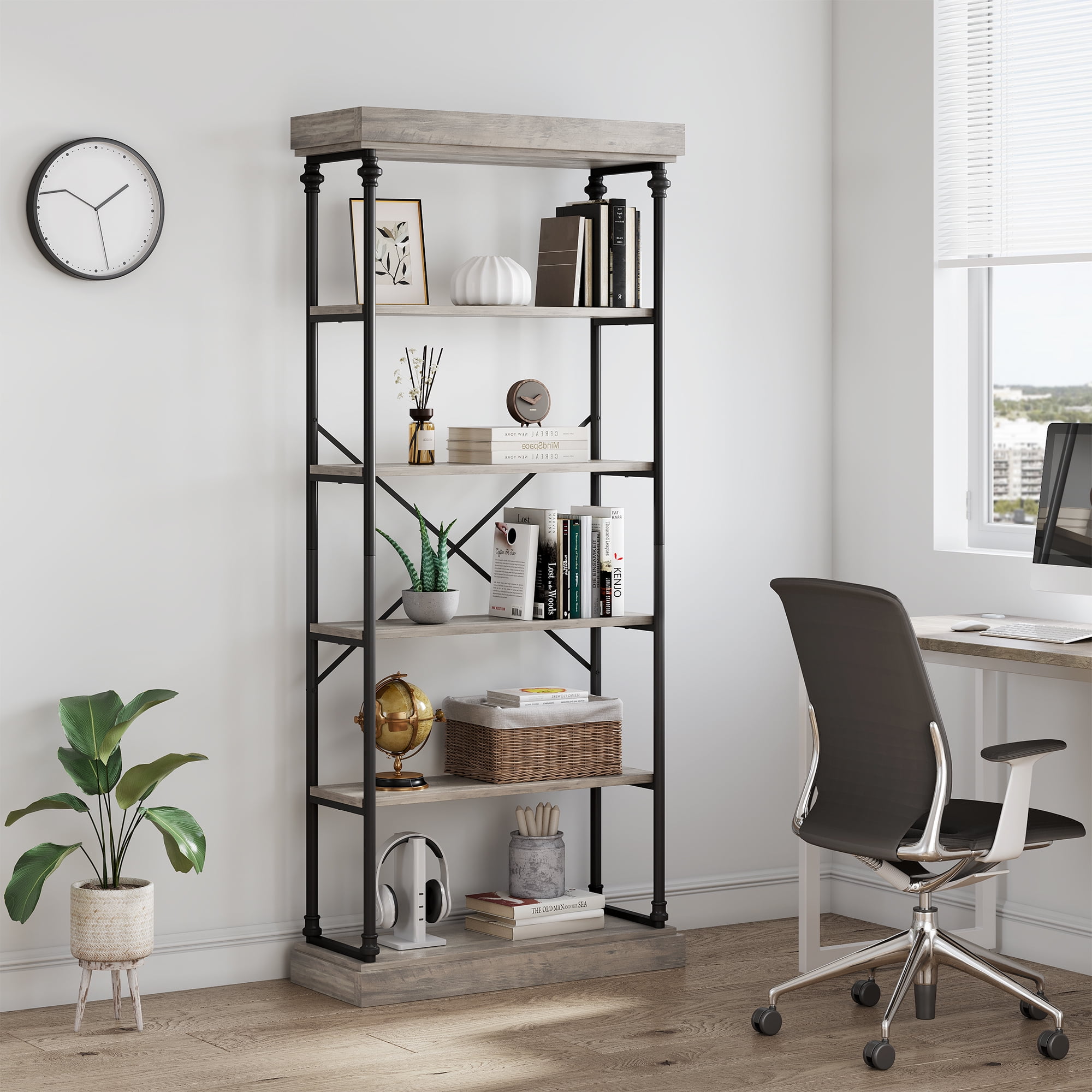 KTENME Tall Bookshelf Industrial Wood Bookcase 6 Tier Storage Open Rack