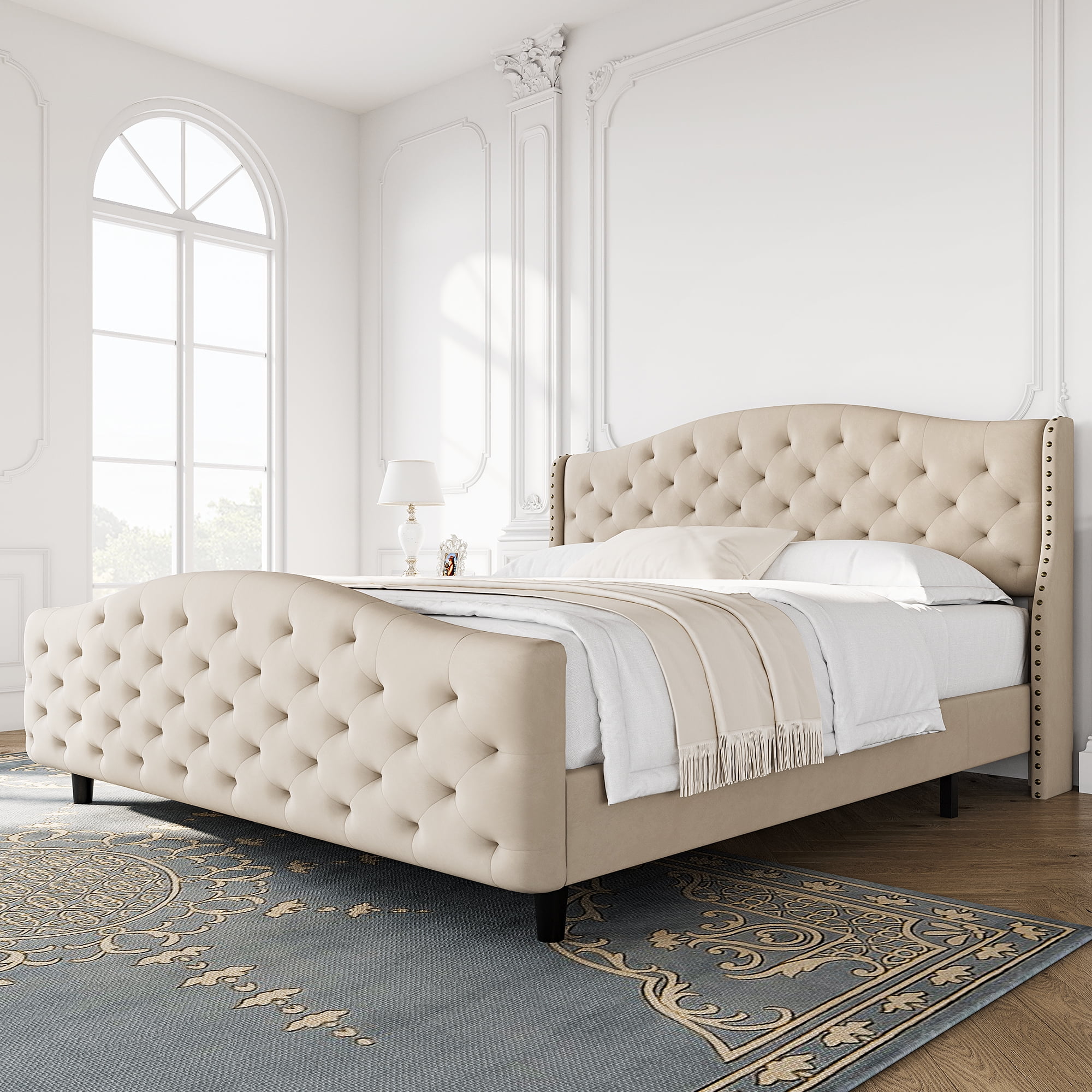 KTENME Tufted Upholstered Platform Queen Bed Frame with Headboard and Footboard Velvet Platform Bed Raised Wing Back Headboard Beige Queen