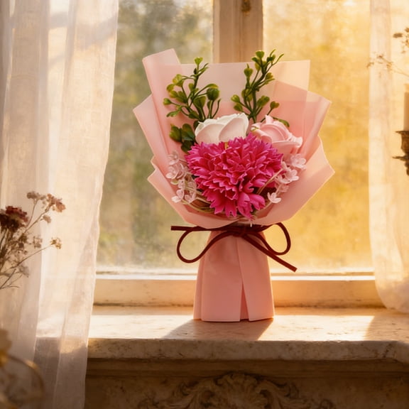 KTFgvq Artificial Flower Bouquet, Simulated Rose Carnation Arrangement, Artificial Floral Centerpiece for Home Decor, Souvenir for Mom Wife Birthday, 4.1" x 6.3"