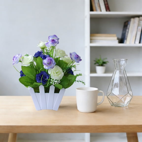 KTFgvq Artificial Flowers Indoor Plastic Potted Flowers, Simulated Green Flower Decor for Home Desktop, Fence Artificial Flower Ornaments, 4.7" x 7", Blue