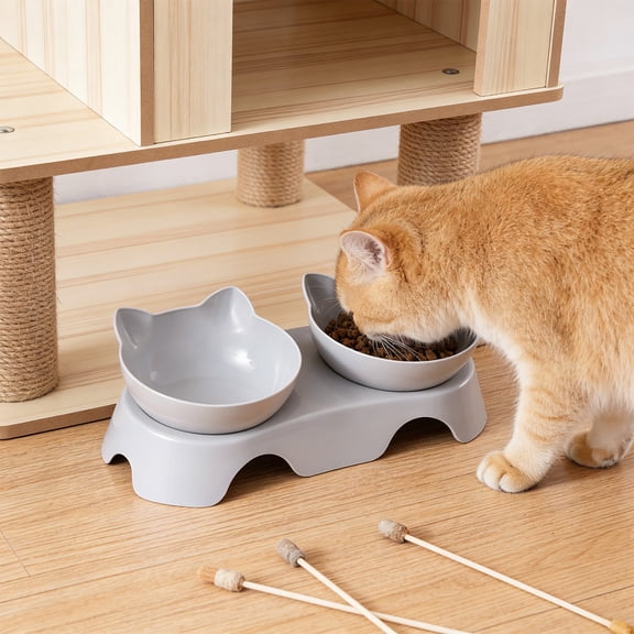 KTFgvq Cat Bowl Two in One Drinking Water Dog Water Bowl Pet Bowl Feeding, Dual Compartment Design for Mess Unconstrained Eating and Drinking, 4.13" x 5.71" x 12.01", Gray