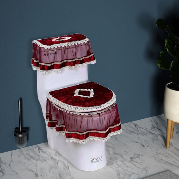 KTFgvq European Toilet Cover Set, Zippered Lid, Decorative Bathroom Accent, Elegant Home Decor, Red