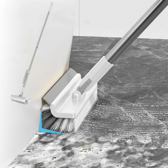 KTFgvq Floor Scrub Brush with Handle, Stiff Bristles and Squeegee, Multi-Surface Cleaning Tool for Tiles and Grout, White