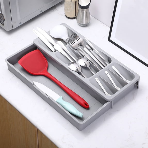 KTFgvq Kitchen Drawer Organizer Silverware Tray Cutlery Storage Box Utensil Holder for Spoons Forks Tools, Gray