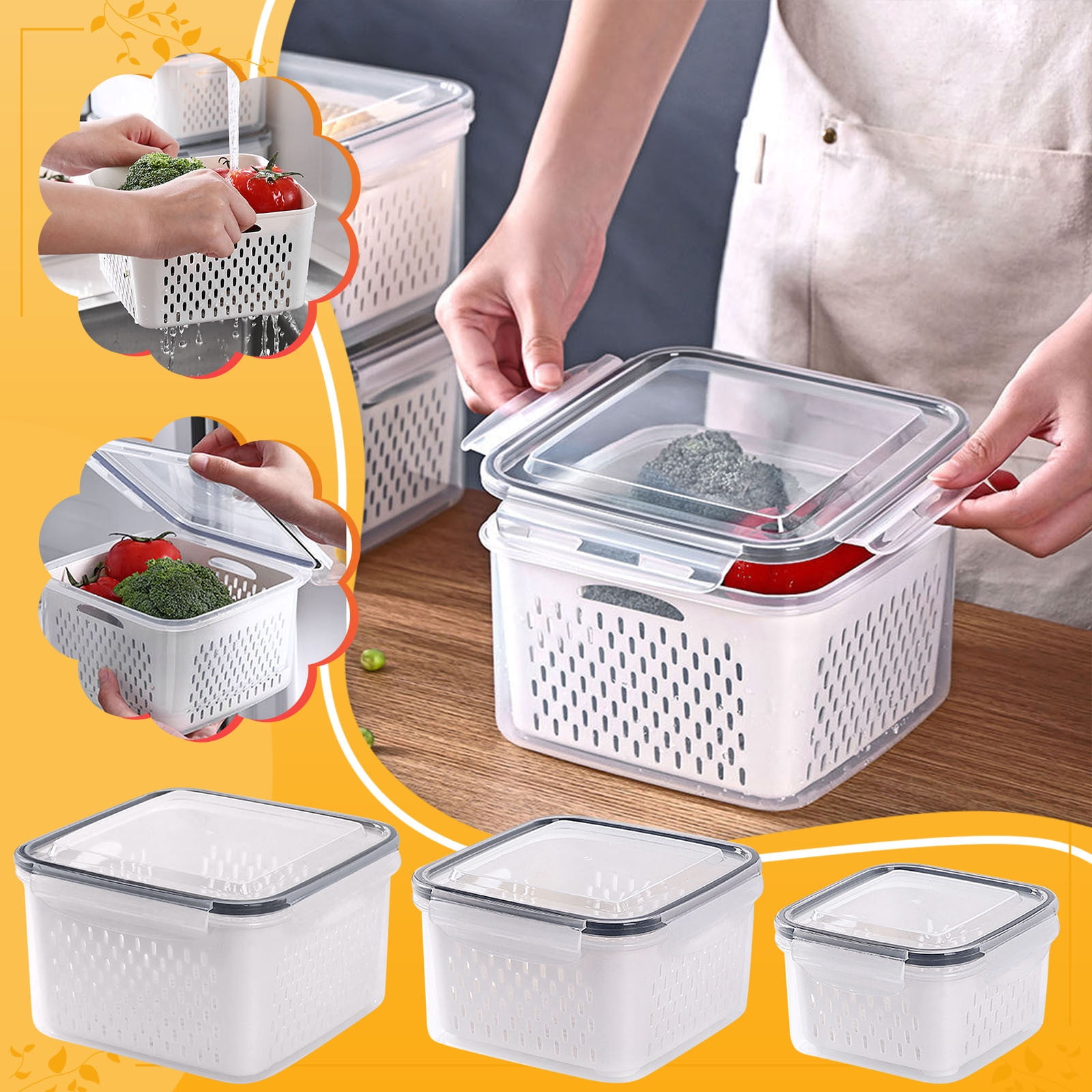 KTFgvq Refrigerator Storage Containers Fresh Produce Organizers Draining Bins for Fruits Vegetables Kitchen Organization, White