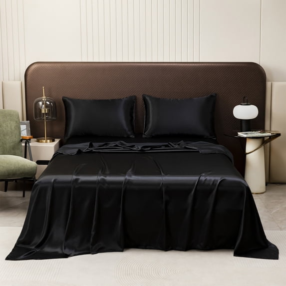 KTFgvq Silk Bedding Set, Solid Color Satin Sheets, Soft Matte Finish, Hotel Collection, for Master Bedroom Decor, Black