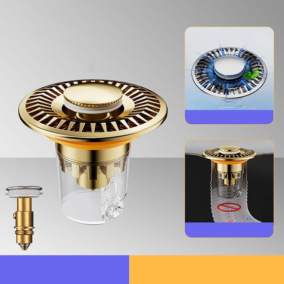 KTFgvq Sink Drain Stopper, Press Type Plug, Anti Backflow Device, Basin Leakage for Kitchen Bathroom, Gold