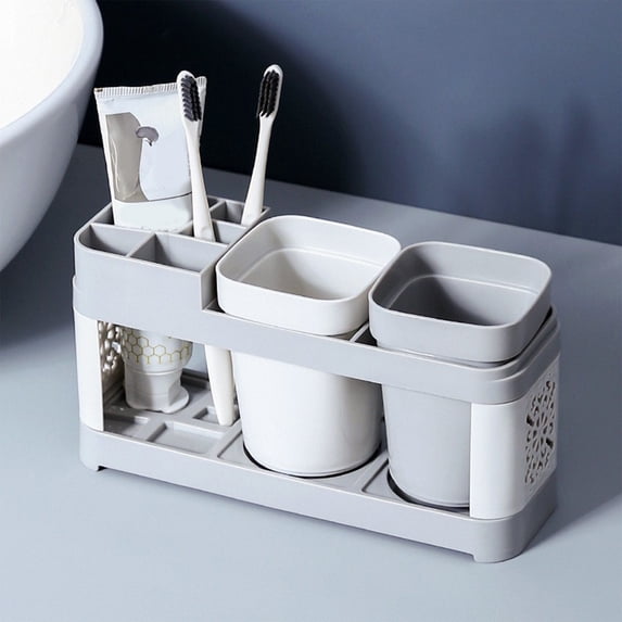 KTFgvq Toothbrush Holder Set with Cups, Modern Bathroom Organizer, Countertop Storage for Family and Guests, Gray