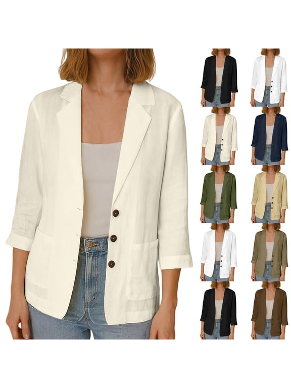 Women's 3/4 Sleeve Blazer Outerwear, Casual Single Breasted Jacket, Lapel Collar Workwear Top with Ornamental Button for Work Casual, Navy 3XL