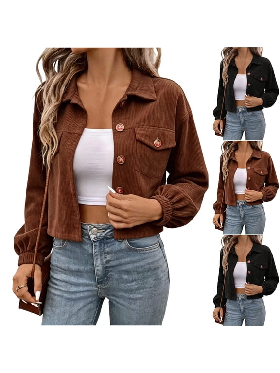 Women's Corduroy Button Up Jacket, Cropped Casual Outerwear, Long Sleeve Top Coat with Exterior Pocket Ornamental Button for Casual Daily Work, Black 2XL