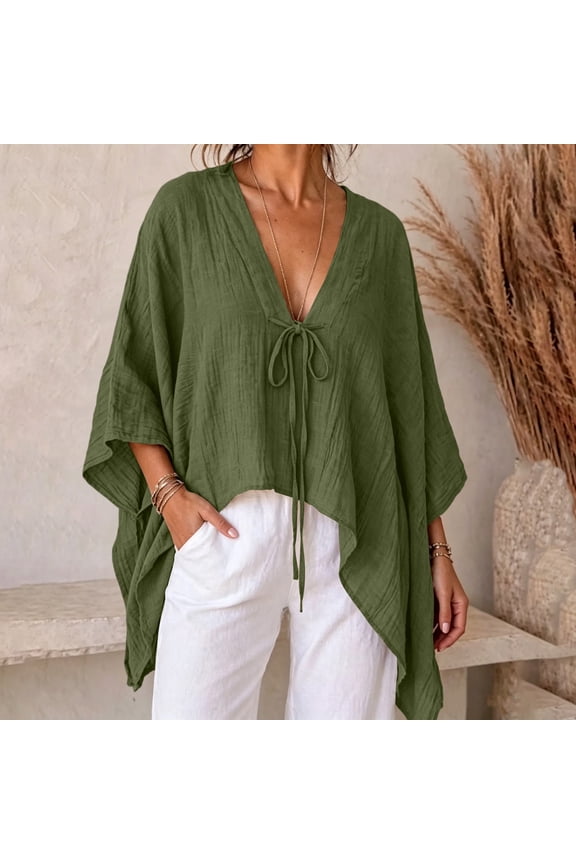 Women's Dolman Sleeve Tie Front Top, Oversized V Neck Blouse, Solid Bohemian Shirt for Vacation Casual Work, Army Green M