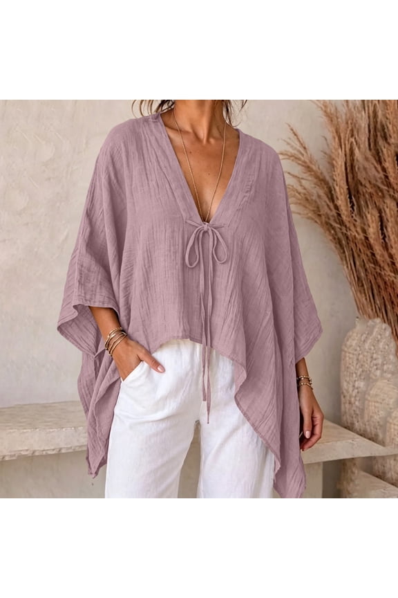 Women's Dolman Sleeve Tie Front Top, Oversized V Neck Blouse, Solid Bohemian Shirt for Vacation Casual Work, Pink M